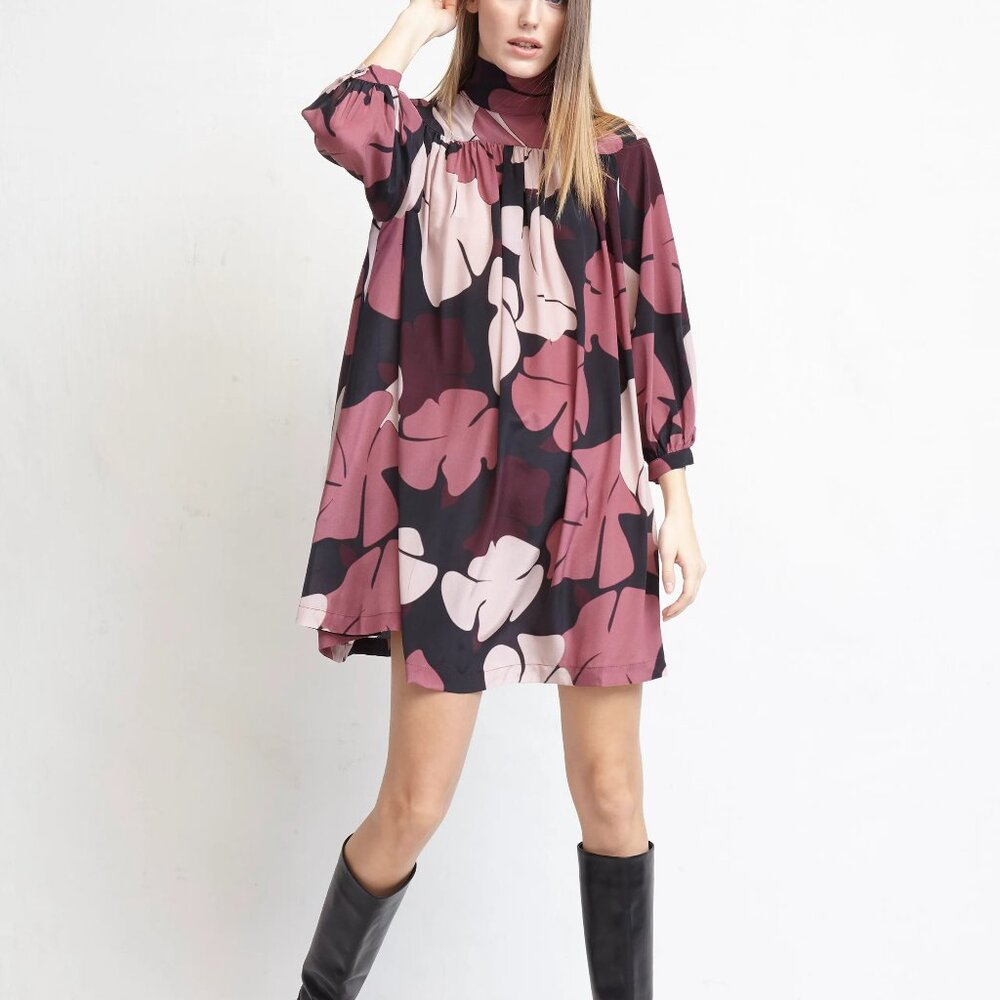 NEW Warm‎ NY Womens Pink Floral Printed 100% Silk Mini Dress Long Sleeve Size 0